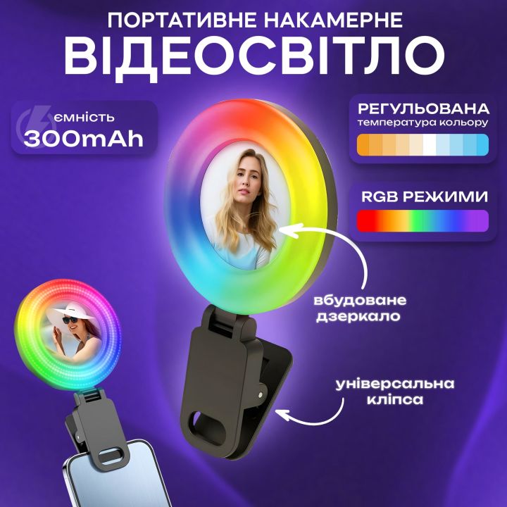 Селфі кільце Plokama LED U20 Pro RGB на прищіпці для телефону, ноутбука (3366-1)