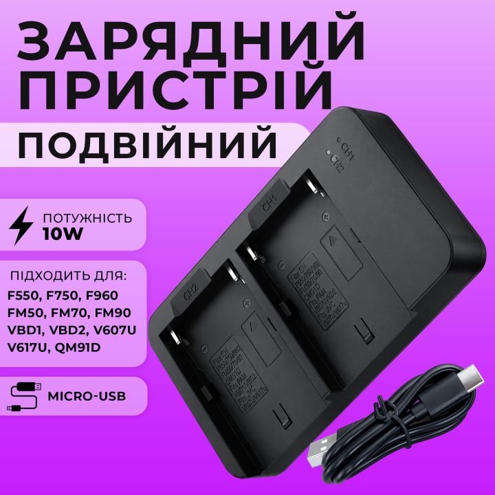 Подвійний зарядний пристрій CC-001 для акумуляторів F550 F750 F960 USB 10W