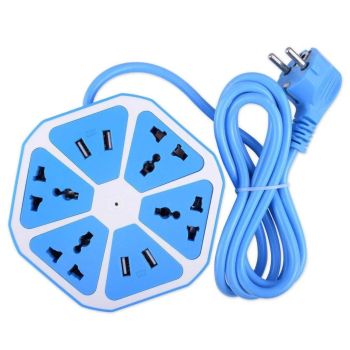 Сетевой фильтр универсальный HEXAGON SOCKET на 4 розетки и 4 USB порта переноска синий