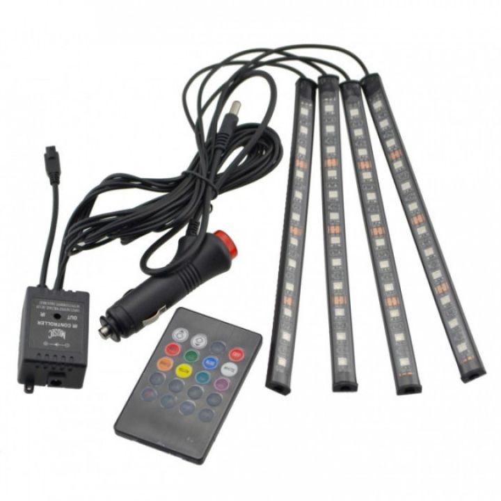 Автомобильная водонепроницаемая светодиодная RGB LED подсветка в салон на 4 ленты от прикуривателя с пультом (1868)