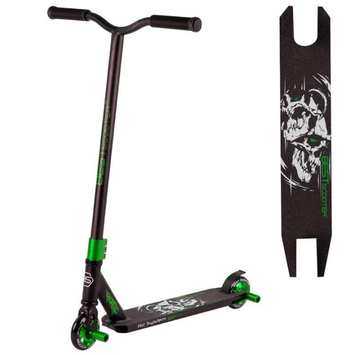 Самокат трюковый с алюминиевыми колесами 2 пеги в комплекте Best Scooter черный с зеленым (1889-86380)